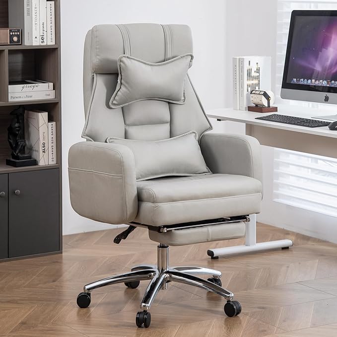 Video Game Desk ChairSwivel Ergonomic Office Chairwith Footrest and Comfy Lumbar SupportPU Leather Recliner with HeadrestFixed Up ArmrestHeight Adjustable with 360°Swivelfor Adults (Light Grey)