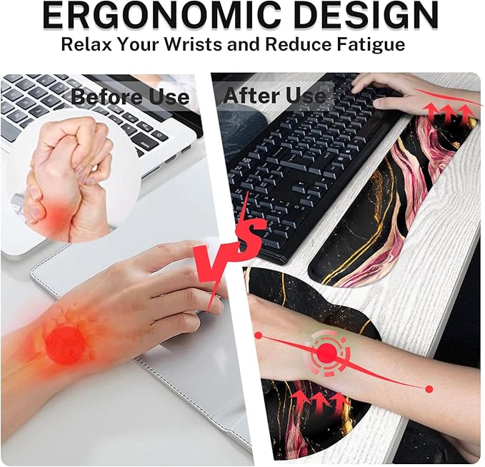 Britimes Pink Black Gold Marble Keyboard Mouse Pad Set 4in1 Large Mousepad+Keyboard Wrist Rest+Mouse Wrist Rest+Coaster Ergonomic Design for Home Office Computer 35.4x15.7 inches