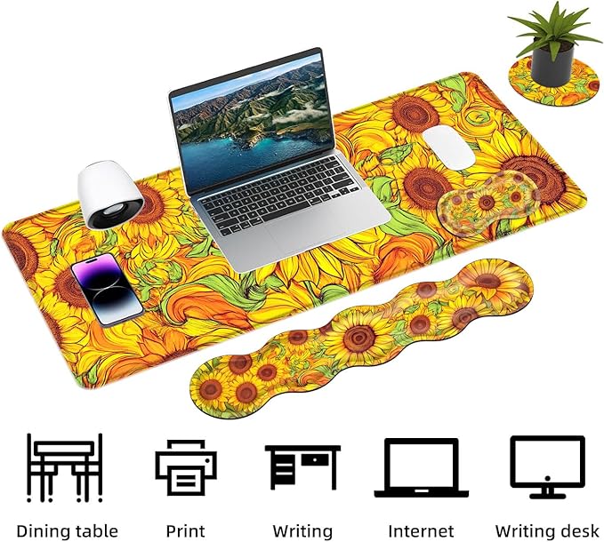 Keyboard Mouse Pad Set Extended Gaming Mouse Pad+Ergonomics Keyboard Wrist Rest Support Memory Foam Easy Typing Pain Relief 4Pcs XL Ultra Thick Desk MatVibrant Sunflower Field