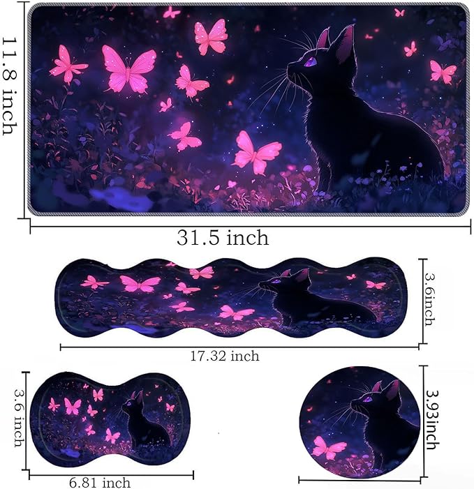 Keyboard Mouse Pad SetLarge Desk Pad+Keyboard Wrist Rest+Mouse Wrist Support+CoasterEasy Typing Pain Relief Non-Slip Wrist Support Mousepad Set Home OfficeCat and Butterflies