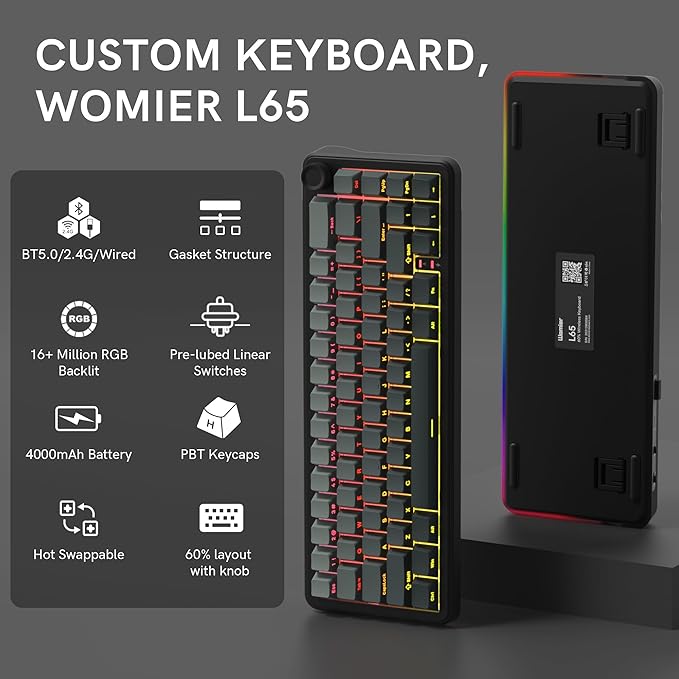 womier L65 60% Mechanical Keyboard with Knob4000mAhTri Mode USB-C/BT5.0/2.4GRGB BacklitHot SwapShine Through keycapsLinear SwitchGasket Mounted Wireless Gaming Keyboard for PC/Mac(Black)