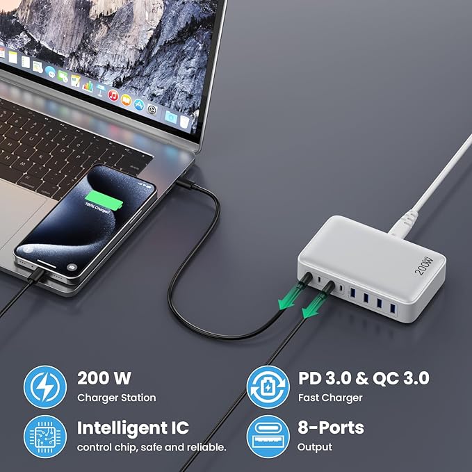 USB C Charger 200W USB C Charger BlockUpgraded GaN III 8-Port Fast Charging Station HubPD 65W Laptop Charging Adapter Compatible with MacBook Pro/AirDELLSteam DeckiPhone 16/15/14Galaxy S23/22