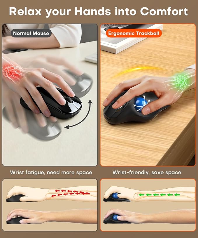 Ergonomic Wireless Trackball Mouse 3 Device Connection (Bluetooth or 2.4G USB Receiver) Bluetooth Quiet Computer Mouse 2*AAA Battery Thumb Laptop Mice with 5 Level DPI for PC/Laptop/Mac/Windows Blue