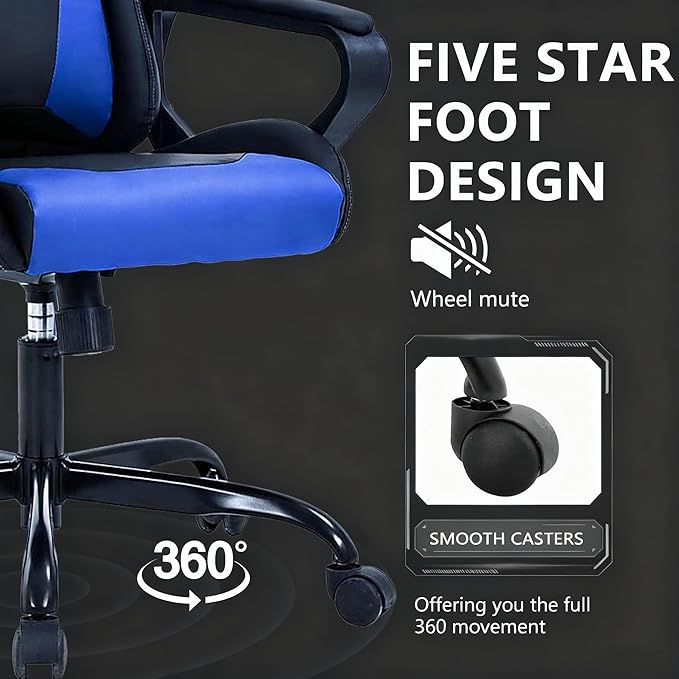 Blue Gaming Chair | Ergonomic High Back Desk Chair Racing Style with Lumbar Support Headrest &amp Arms - Heavy Duty Swivel Computer Chair for Office