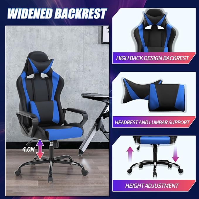 Gaming Chair Computer Racing Chair Ergonomic Office Chair Video Game Chairs for Adult Kids Teen Height Adjustable Reclining Chair with Lumbar Support Armrest Headrest Swivel Chair Game Chair Blue