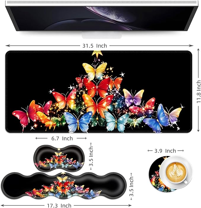 Keyboard Mouse Pad Set Extended Gaming Mouse Pad+Ergonomics Keyboard Wrist Rest Support Memory Foam Easy Typing Pain Relief 4Pcs XL Ultra Thick Desk MatButterfly Christmas Tree