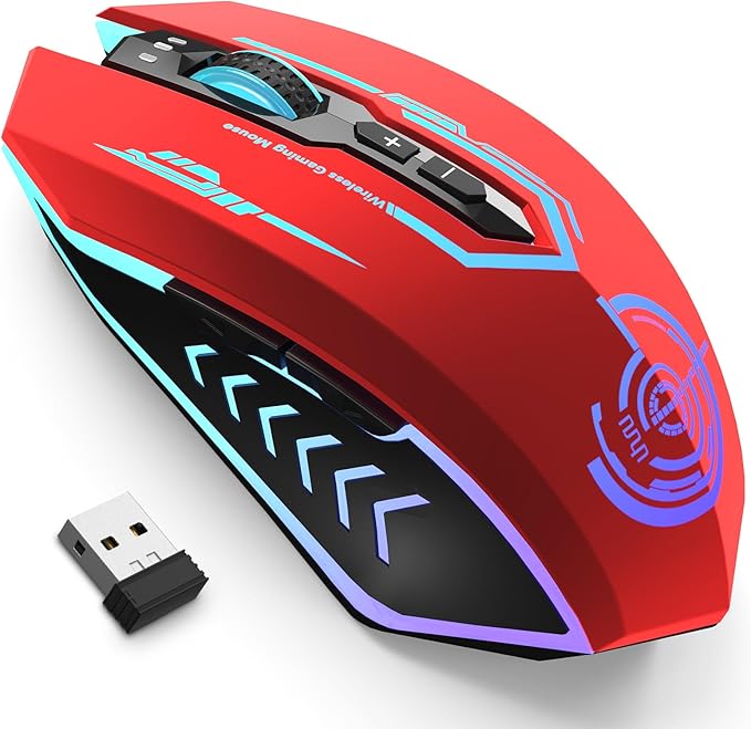 UHURU Gaming Mouse Wireless Gaming Mouse with 7 Buttons 7 Changeable LED Color up to 12000 DPI Rechargeable USB Gamer Mouse for PC Laptop (Red)