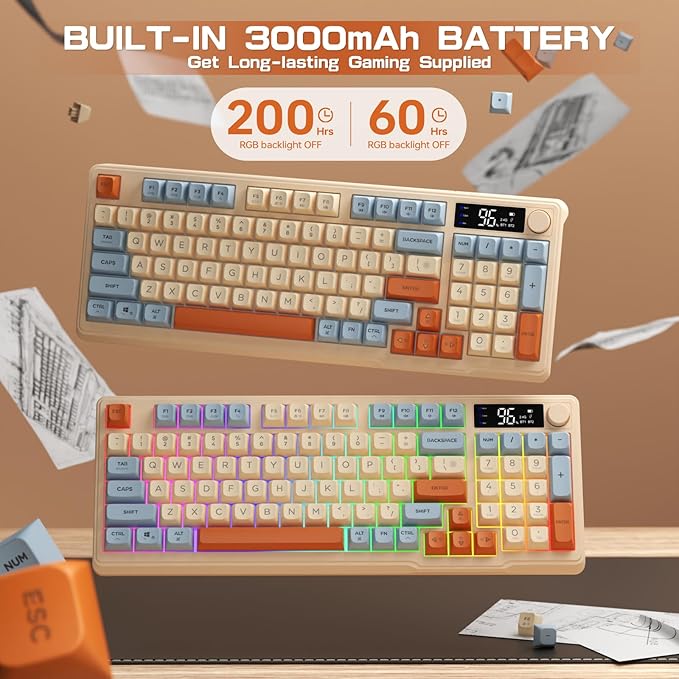 LexonElec M96 Wireless Gaming KeyboardKnob Control Bluetooth/2.4G Wireless Mechanical Feeling KeyboardRGB LED Backlit with Display Screen PBT Keycap 3000mAh 94-Key Layout for Win/Mac (Blueberry)