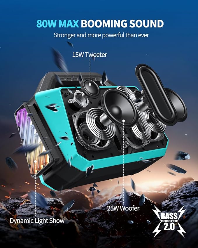 Powerful 80W Outdoor Bluetooth Speaker: IPX6 Waterproof Rugged 20H Playtime Deep Bass Lightshow TWS BT 5.3 Wireless Portable for Travel Hiking Camping Beach Pool - Teal