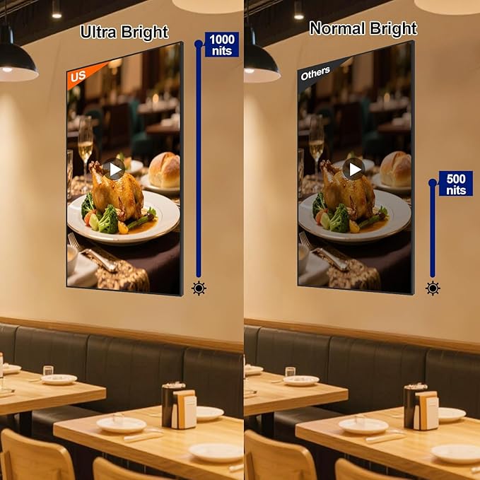 43inch Wall Mount Digital Signage 1000nits High Brightness Advertising Display Slim Fit Frameless Digital Kiosk CMS/Plug &amp Play Auto Play 7/24 Timer Switch Smart Split Screen Play Android OS