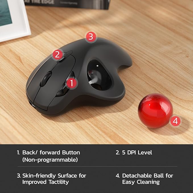 Nulea M501 Wireless Trackball Mouse Rechargeable Ergonomic Easy Thumb Control Precise &amp Smooth Tracking 3 Device Connection (Bluetooth or USB Receiver) Compatible for PC Laptop Mac Windows