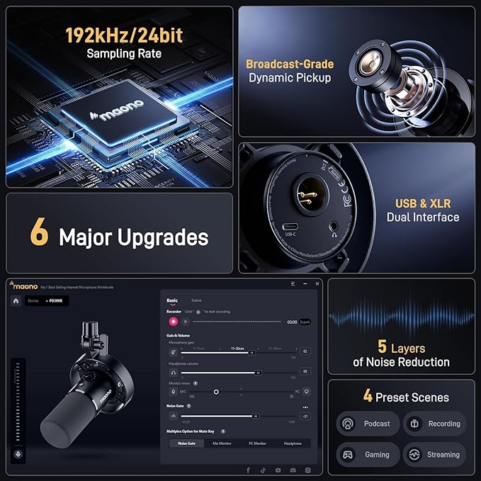 MAONO USB XLR Dynamic Microphone for Podcast: PC Computer Gaming Mic with 192kHz/24bit for Studio Recording Streaming Content Creation (PD300XT+G1 NEO+XLR-180)