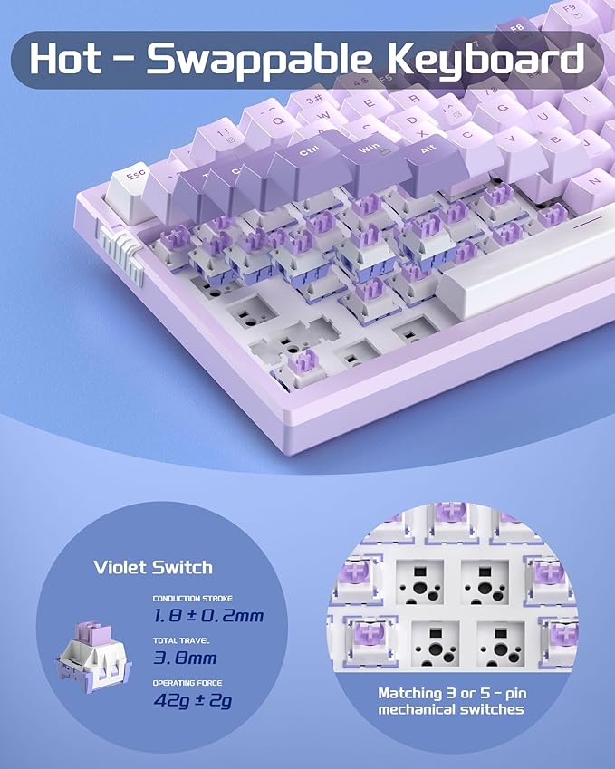 MageGee SKY81 75% Mechanical Gaming Keyboard Gasket Hot Swappable Wired Custom Creamy Keyboard with 5-Layer Sound Dampening Knob Control RGB Backlit NKRO for Win/Mac (Violet Violet Switch)