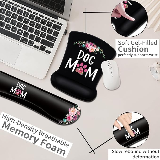 Ergonomic Mouse Pad with Gel Wrist Rest SupportCute Dog Mom Floral and Black MousePads Desktop DecorationSuitable for Office Typing Games Mousepad Soft Keyboard Wrist Rest to Relieve Wrist Fatigue