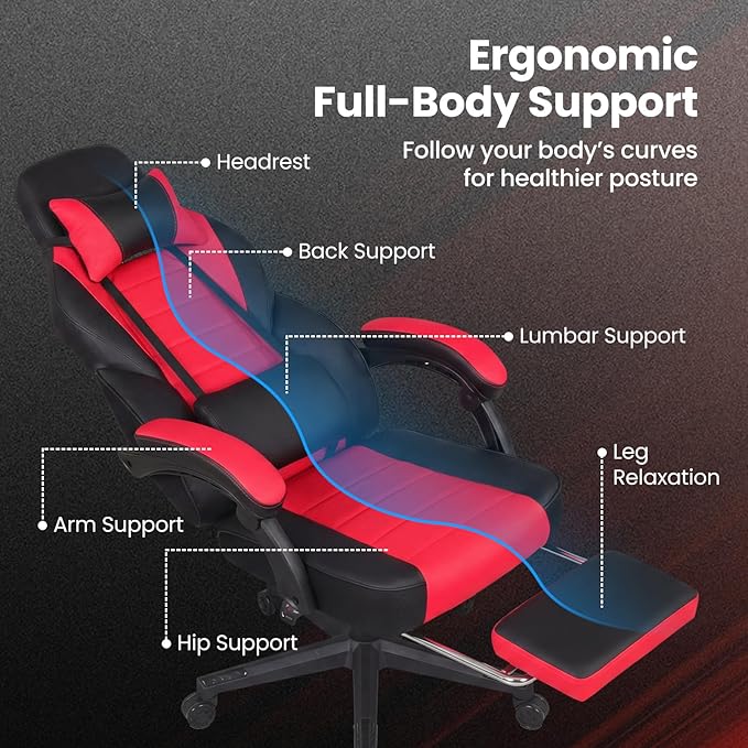 Giantex Gaming Chair Ergonomic Video Game Chair w/Footrest Lumbar Support Headrest Reclining Backrest &amp Linkage Armrests Height Adjustable 360° Swivel Computer Desk Chair for Home Office (Red