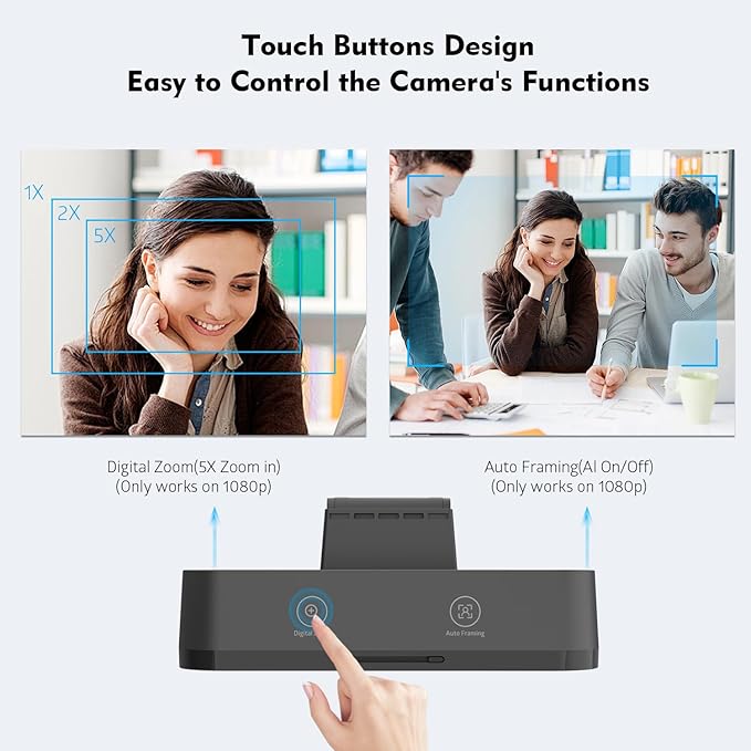 TOALLIN 4K AI Webcam with WDR Auto Light Correction AI Tracking with Auto-Framing Auto-Focus 5X Adjustable Digital Zoom Built-in Dual Noise-Canceling Mics 92° FOV Webcam for Online Video Calls