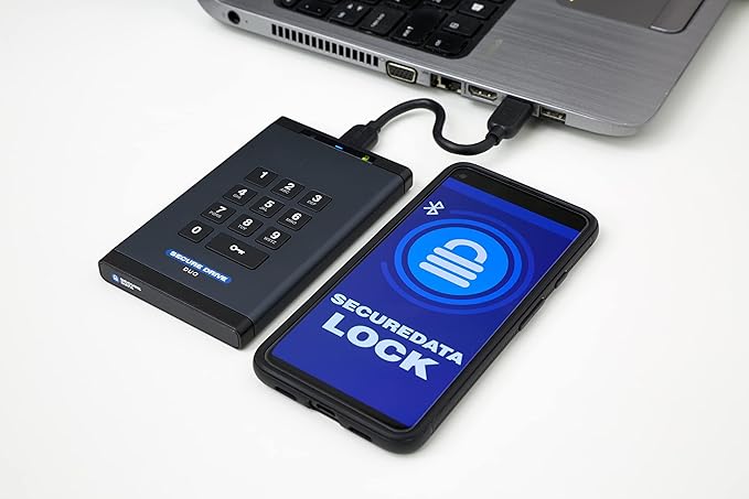 SecureData SecureDrive Duo 4TB Hardware Encrypted USB 3.0 Ext Drive FIPS 140-2 Level 3 Unlock via KeyPad or Phone app TAA Compliant CJIS HIPAA CMMC GDPR Compliant Works with Mac and Win Free AV