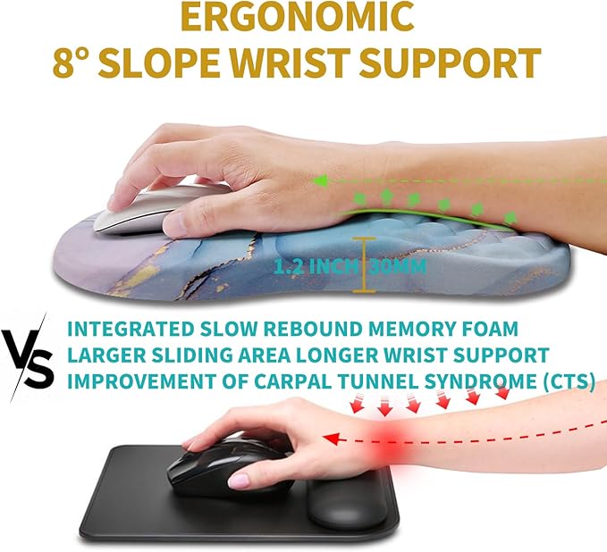 Hokafenle Ergonomic Mouse Pad Wrist Support Wrist Rest Mousepad for Carpal Tunnel Pain Relief with Integrated Memory Foam Slope Massage Bulge (11.8x7.9 inchBlue Marble