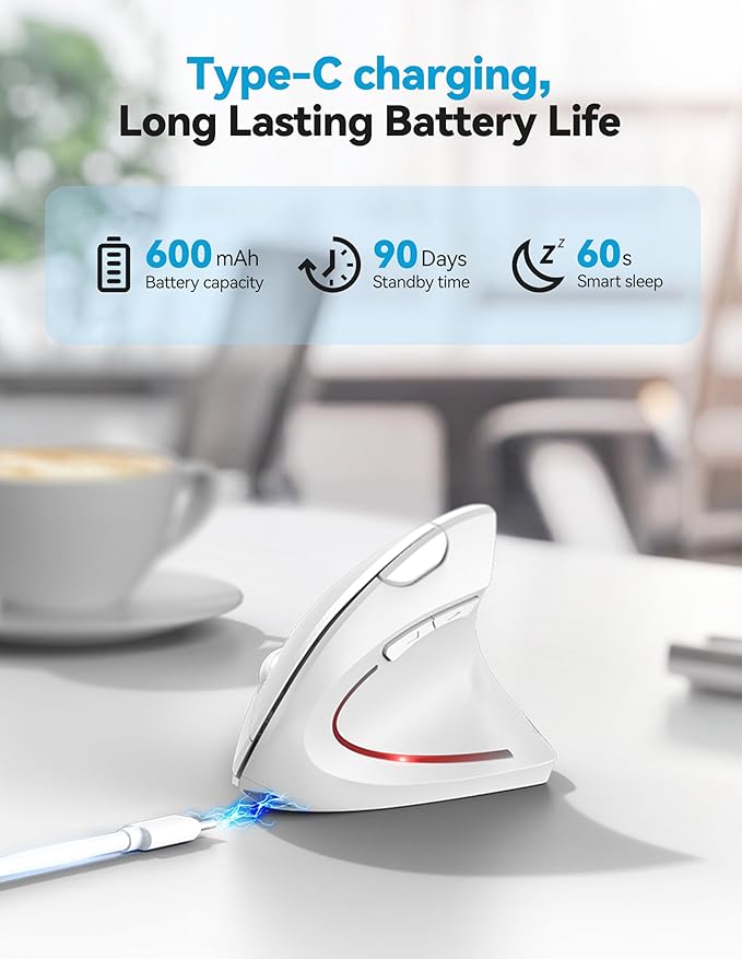 TECKNET Ergonomic Mouse Rechargeable 2.4G+Bluetooth Vertical Mice 6 DPI Adjustable Wireless Optical Carpal Tunnel Mouse Right Hand Multi Device for Laptop PC Computer MacBook iPad - White