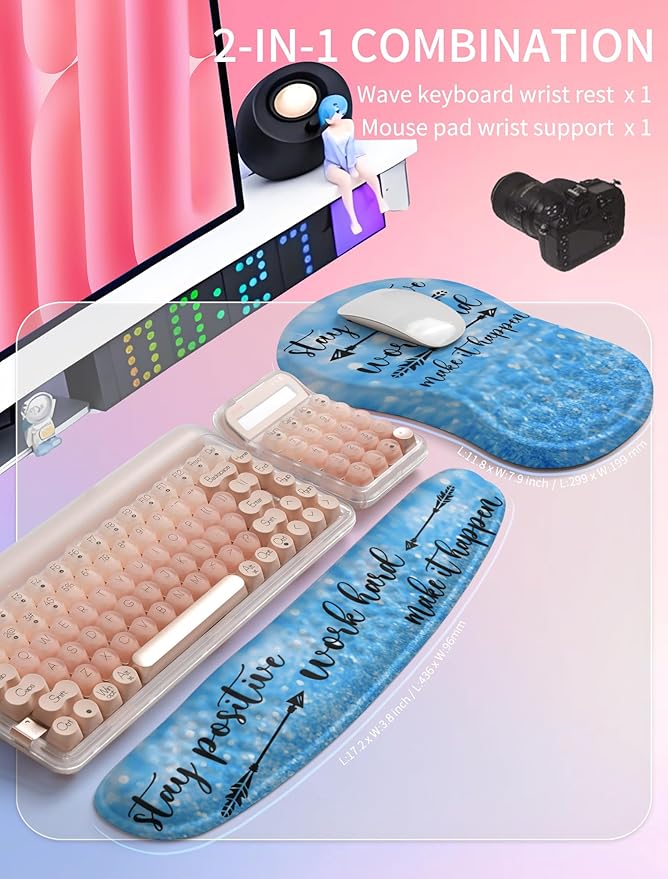 Hokafenle 2in1 Combination Wave Keyboard Wrist Rest and Ergonomic Curvature Mouse Pad Wrist Support for Relieve Wrist Pain Filled with Soft Cushion Memory Foam Stay Positive