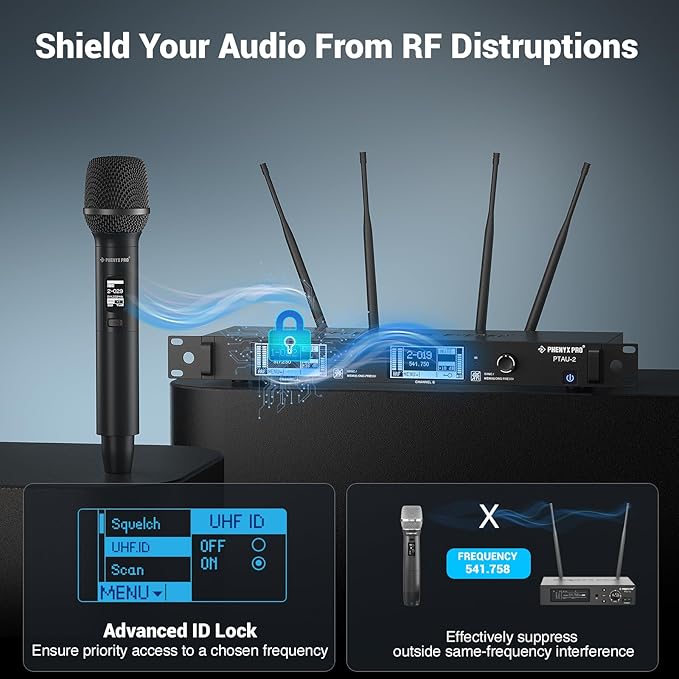Phenyx Pro Dual-Channel Wireless Microphone System Dynamic Mics w/ID Lock Tunable Power Level Auto Scan Spectrum Analyzer True Diversity Cordless Handheld for Singing DJ Karaoke (PTAU-2)