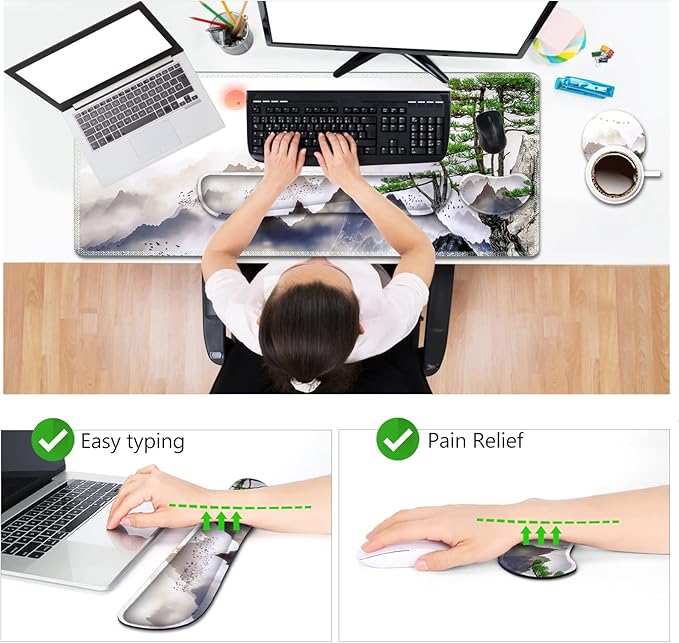 AIMSA Large Gaming Mouse Pad Set Keyboard Wrist Rest Support + Extended Mouse Pad + Mouse Wrist Cushion + Coaster Ergonomic Memory Foam Desk Mat 35x15.7in Anti-Slip Base (Pine Tree Mountains)