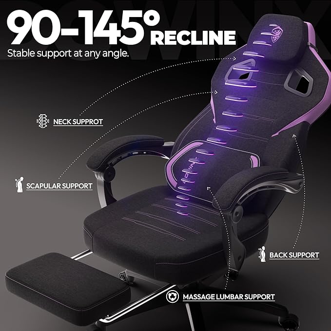 Dowinx Fabric Gaming Chair with Footrest Big and Tall Ergonomic Gamer Chair with Lumbar Support Wide Back Computer Chair for Heavy People Purple