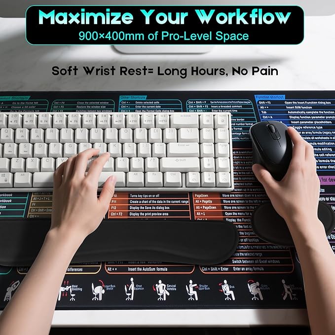 Excel Cheat Sheet Mouse Pad Set | 3-Piece XXL Ergonomic Desk Mat with Wrist Rest for Office &amp Gaming(Black)