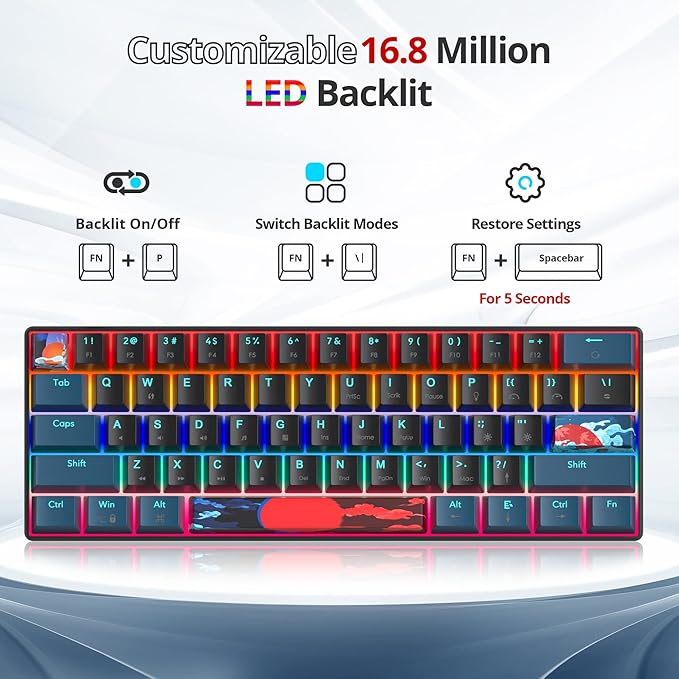 Protable 60% Percent Gaming Keyboard Mechanical Mini Compact Backlit 61 Keys Wired Office Keyboard with Red Switch for Mac/Win (Monstor Black/red Switch 61)