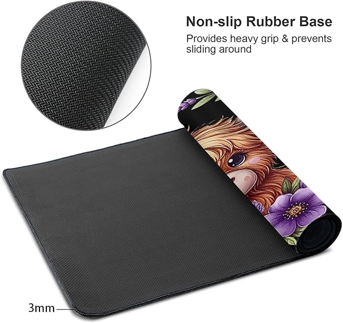 Cute Highland Cow Purple Floral Mouse Pad Non Slip Large Desk Keyboard Mat Gaming Protection Pad 16X29.5 Inch