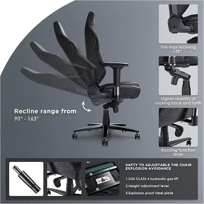 Office Chair Gaming Chair Ergonomic PC Game Chair- Lumbar Support Headrest 4D Armrests Computer Chair Big and Tall Comfortable(Grey)