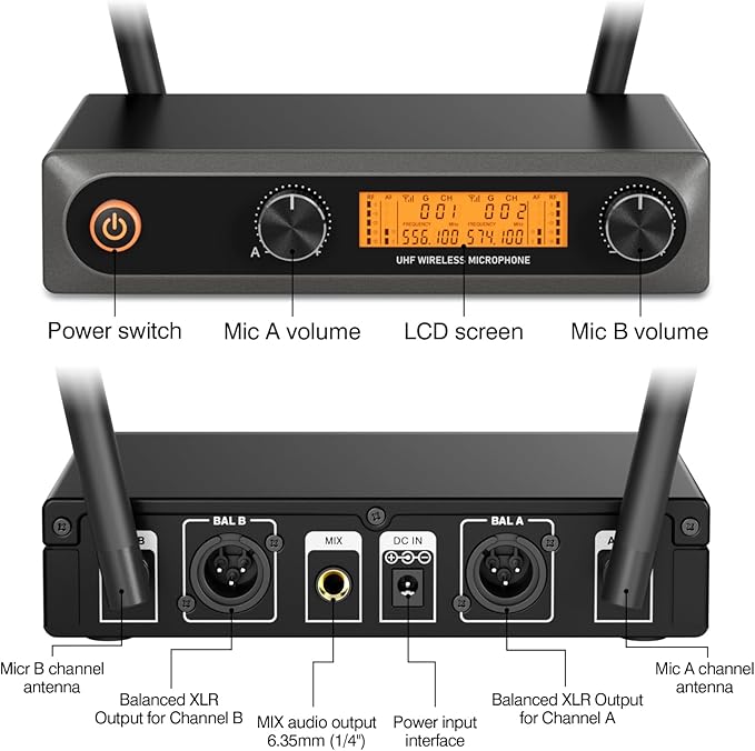 Wireless Microphones Dual UHF Wireless Microphone System with Professional Metal Handheld Dynamic Mics 200ft Range for Karaoke Singing DJ Church Wedding &amp Party Home KTV Set