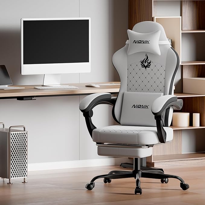 Gaming Chair with MassageErgonomic PC Gaming Chair Computer Chairs with Footrest Comfortable Headrest and Lumbar Support High Back WHITEBLACK