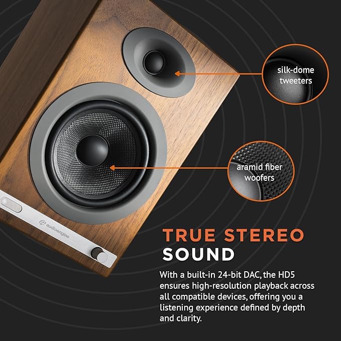 Audioengine HD5 Premium Powered Speakers | 150W Audiophile-Grade Bluetooth 5.0 with aptX HD | Built-in 24-Bit DAC | Real Wood Veneer | Bookshelf Speakers for Home Audio Studios &amp Vinyl