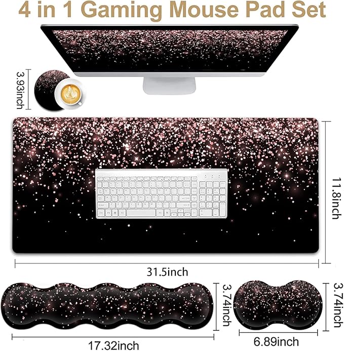 Large Gaming Mouse Pad (31.5x11.8 in) Rubber Base XXL Mousepad with Stitched Edges Ergonomic Keyboard Wrist Rest Extended Mouse Mat Desk Pad for Work Game Office Rose Gold Glitter Black Mousepad