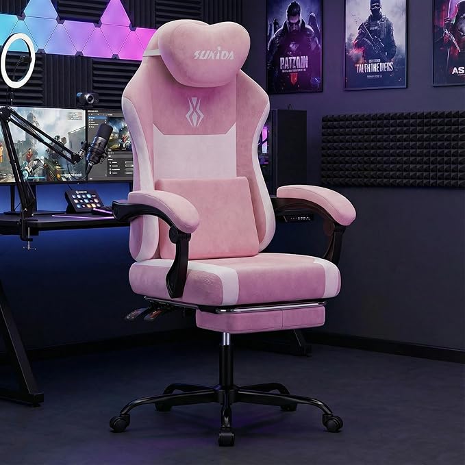 SUKIDA Ergonomic Gaming Chair — Premium Computer Video Gaming Chair with Massage Lumbar Support Adjustable Headrest &amp Footrest Plush Chenille Fabric for Office and Home UsePink
