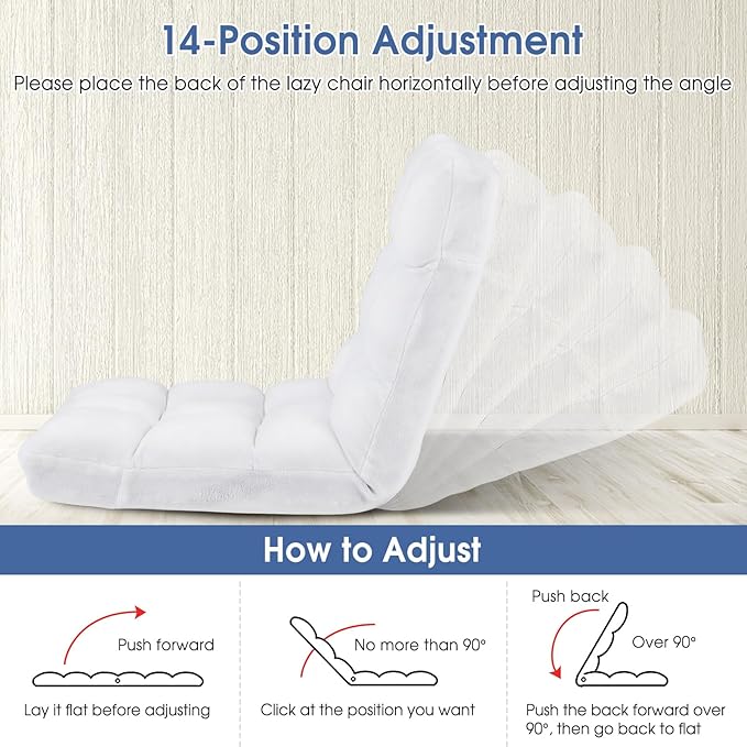 ARLIME Adjustable Floor Chair 14-Position Lazy Sofa Chair with Back Support &amp Thick Padding Portable Foldable Floor Couch for Adults Kids Use in Bedroom Living Room Home Theater (White)