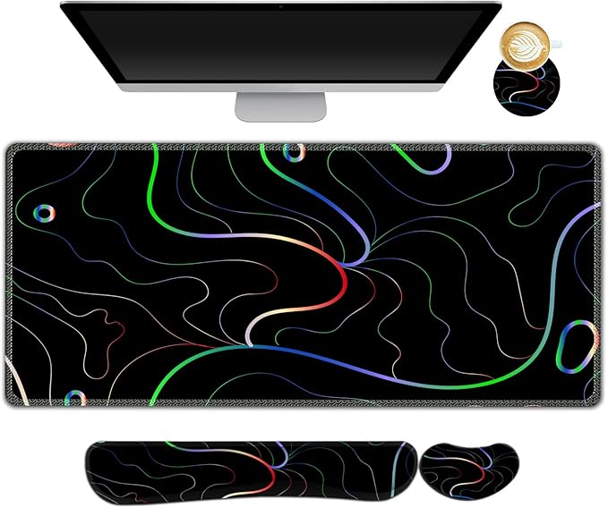 ARTSO Gaming Mouse Pad Wrist Support Set XXL Large Desk Mat Mousepad + Keyboard Wrist Support+ Mouse Wrist Rest+Coaster 4in1 Ergonomic Memory Foam Stitched Edge for Home Office -Colorful Lines