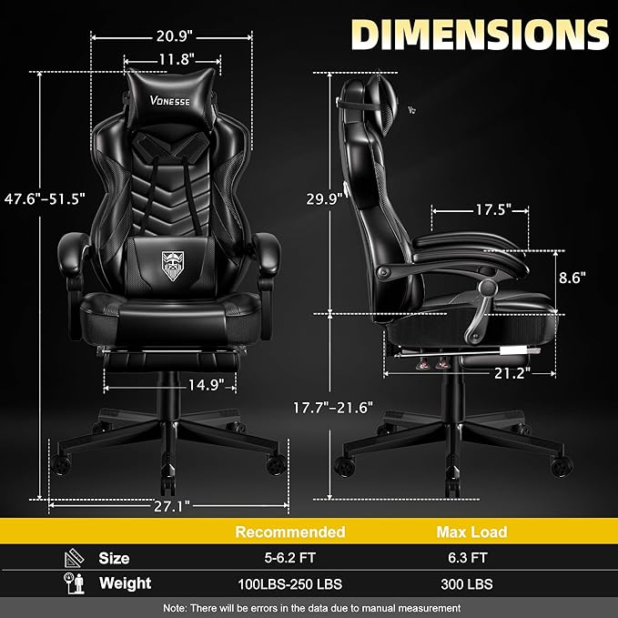 Vonesse Gaming Chair Big and Tall Office Chair with Footrest and Massage Gaming Chairs for Adults with Lumbar Support Ergonomic High Back Computer Desk Chair with Pocket Spring Cushion (Black)