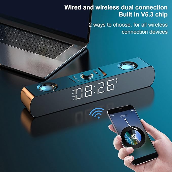 GOWENIC Computer Speaker Bluetooth Computer Speaker for Laptop Support USB AUX Sound with Alarm Clock FM Radiofor Computer Desktop PC Laptop (Black)