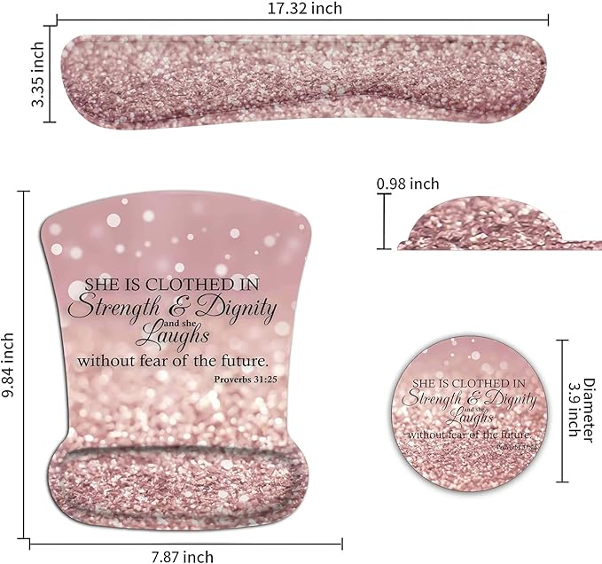 Ergonomic Mouse Pad Wrist Support Gel and Keyboard Wrist Rest Set Proverbs 31:25Bible Verse Pink Glitter Design for Laptop Mac Gaming and Office Durable Comfortable and Pain Relief + Coaster