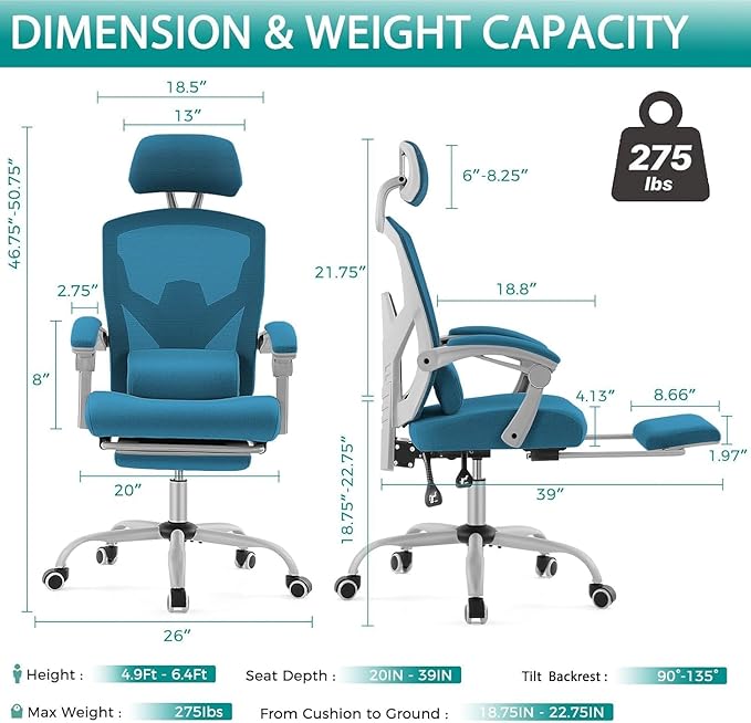 Ergonomic Desk Chair High Back Office Chair with Wheels and Arms Computer Chair with Footrest Swivel Reclining Gaming Chair with Headrest Comfy Armrest for Home Office Work Study Blue