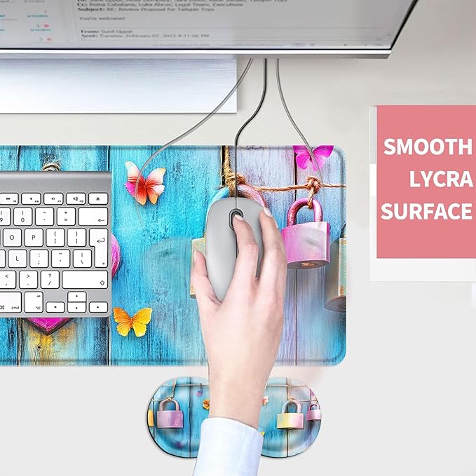 Mouse PadLarge Desk Mat Set 4in1 XL Mousepad + Keyboard Wrist Rest+Mouse Wrist Rest+Coaster with Ergonomic Desk Pad for Home Office Table Computer Cover -Heart Lock and Butterflies