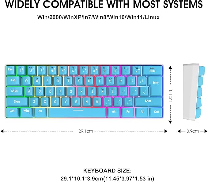 Snpurdiri 60% Wired Gaming Keyboard Small Ultra-Compact 61 Keys RGB Backlit 60 Percent Gaming Keyboard for PC/Mac Gamer Typist Travel Easy to Carry on Business Trip (Blue)