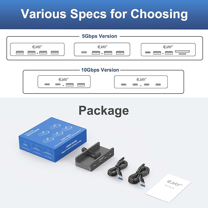 10Gbps USB C Hub - EJAY 4Ports Aluminum USB 3.2 Docking Hub Clamp Design for Desk/Computor with Extra Power Supply Port and 47inches Long Data Cable&amp39inches Power Cable(Black)