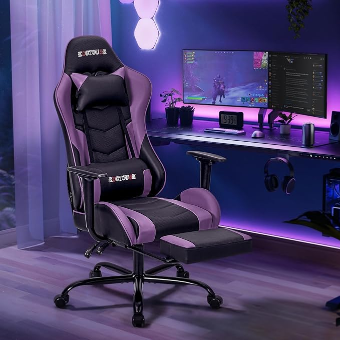 Massage Gaming Chair w/Footrest Video Racing Chair PC High Back Desk Computer Chair PU Leather Recliner w/Headrest and Lumbar Pillow Purple