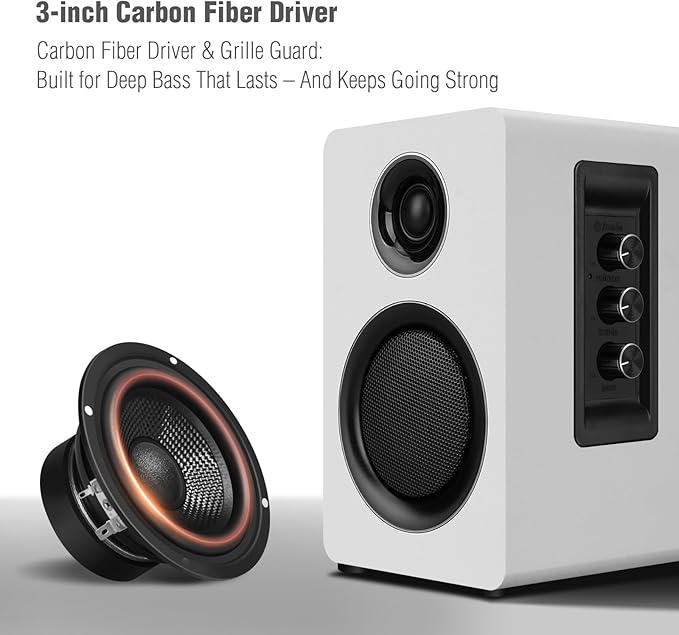 Computer Speakers for Desktop PC Active Bookshelf Speaker with 3‘’ Carbon Fiber Woofer and Silk Film Tweeter Supports Bluetooth 5.3 USB-C AUX/RCA Input for Record Player TV - White Stereo Set