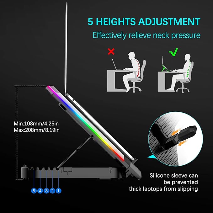 TopMate C11 Laptop Cooling Pad RGB Gaming Notebook Cooler Laptop Fan Stand Adjustable Height with 6 Quiet Fans and Phone Holder Computer Chill Mat for 15.6-17.3 Inch Laptops - Blue LED Light