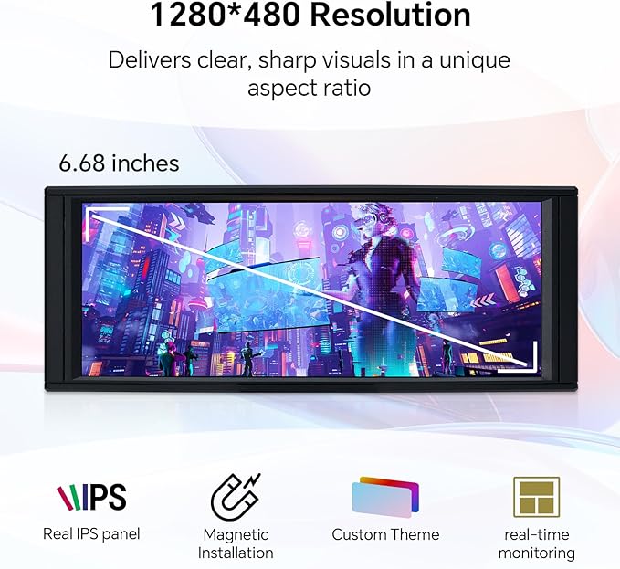 Trofeo Vision LCD AIO Screen Display 6.86” PC Monitor USB Type-C Connect | Real-Time Hardware Monitoring | 1280x480 Resolutions Preset &amp DIY Themes for Gaming PC Case/CPU Cooler(Black)