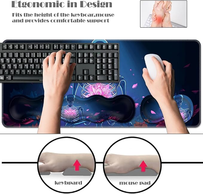 Ergonomic Keyboard Wrist Rest &amp Mouse Pad Wrist Rest SetXL Gaming Desk Mat 31.5x 11.8Non-Slip BaseMemory FoamEasy Typing Pain Relief for Office &amp HomeSkeleton with Glowing Lotus